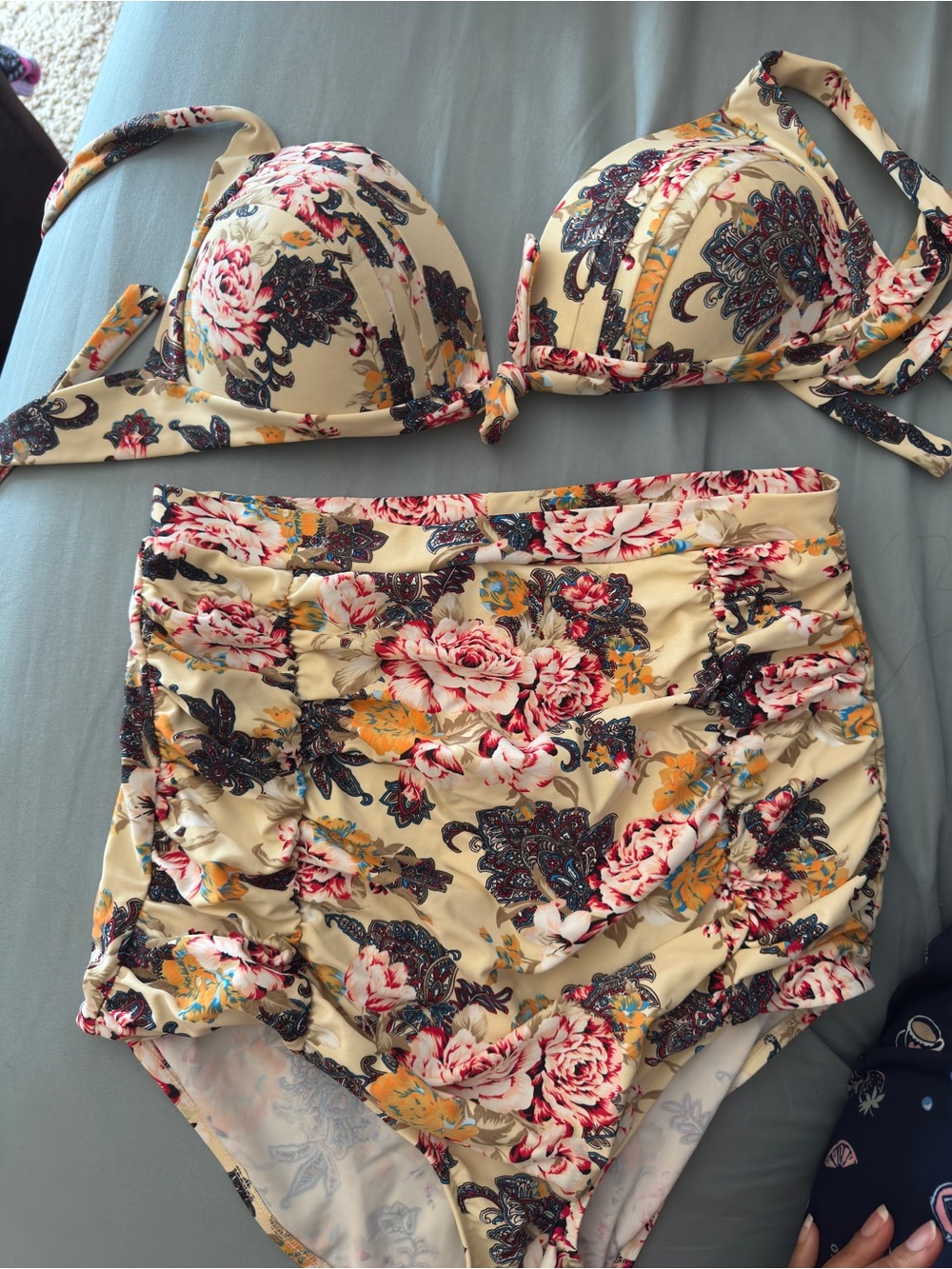 Floral High-Waist Bikini Set - Cream/Pink